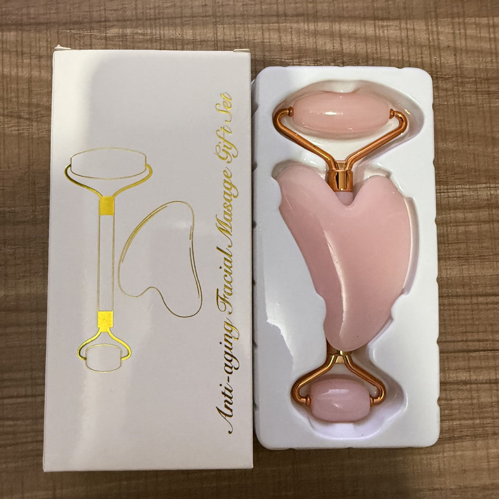 Rose Gold Heart-Shaped Quartz Facial Roller and Gua Sha Massager Set