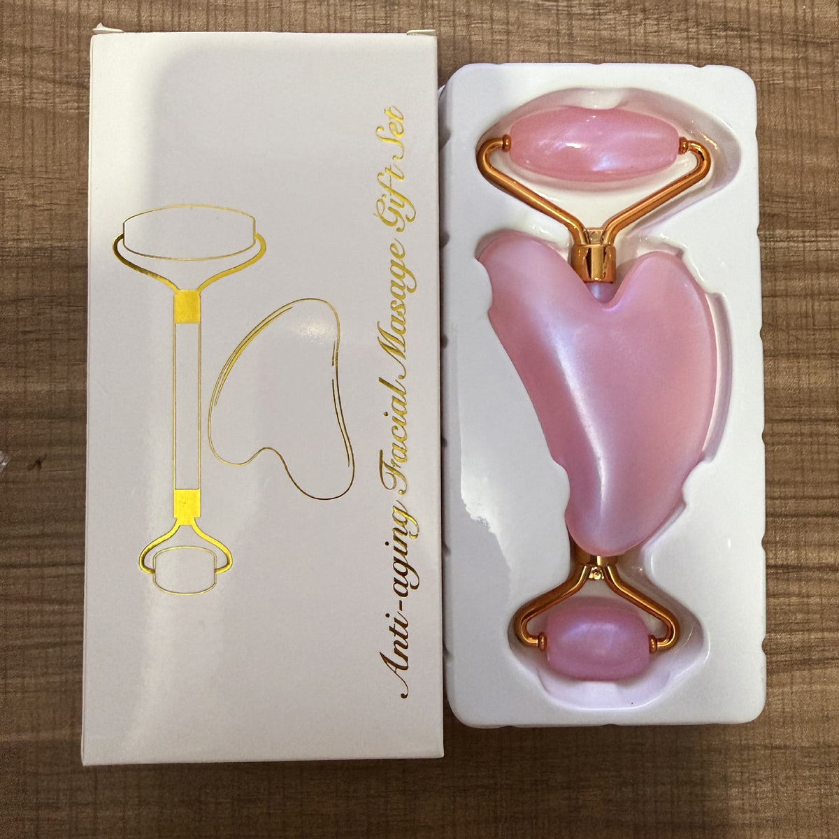 Rose Gold Heart-Shaped Quartz Facial Roller and Gua Sha Massager Set