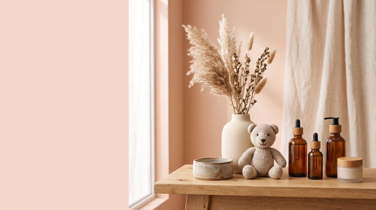 Skincare, hair care and baby essentials styled on a soft peach backdrop