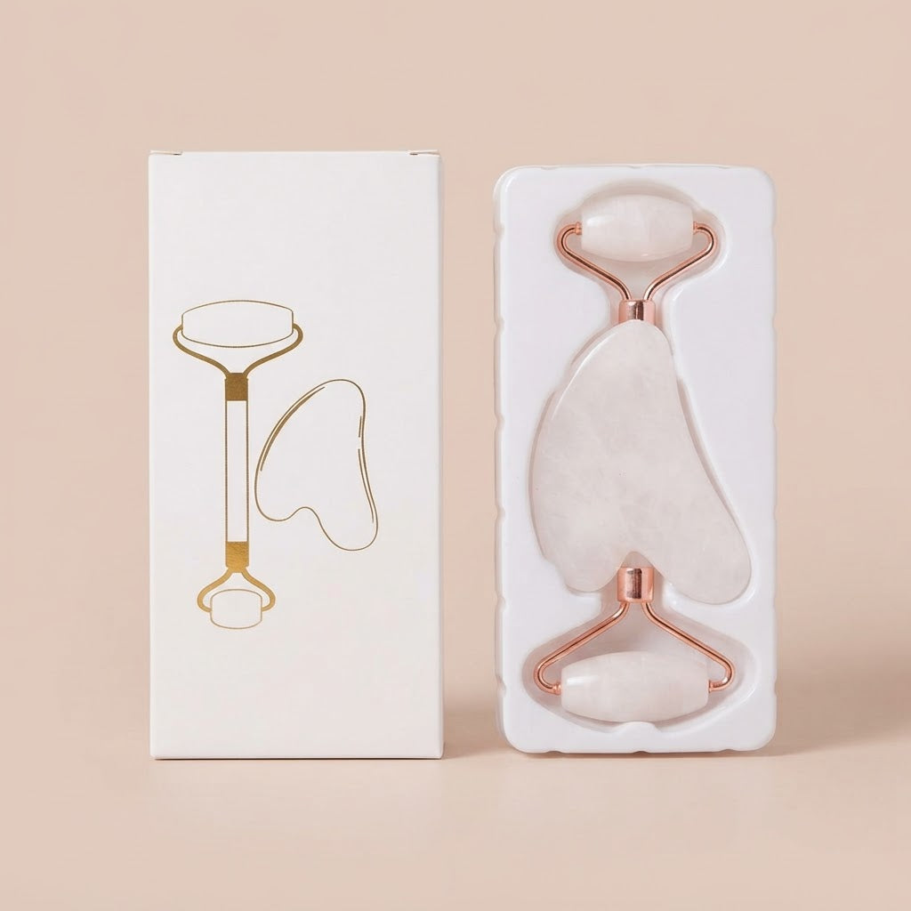 Rose Gold Heart-Shaped Quartz Facial Roller and Gua Sha Massager Set